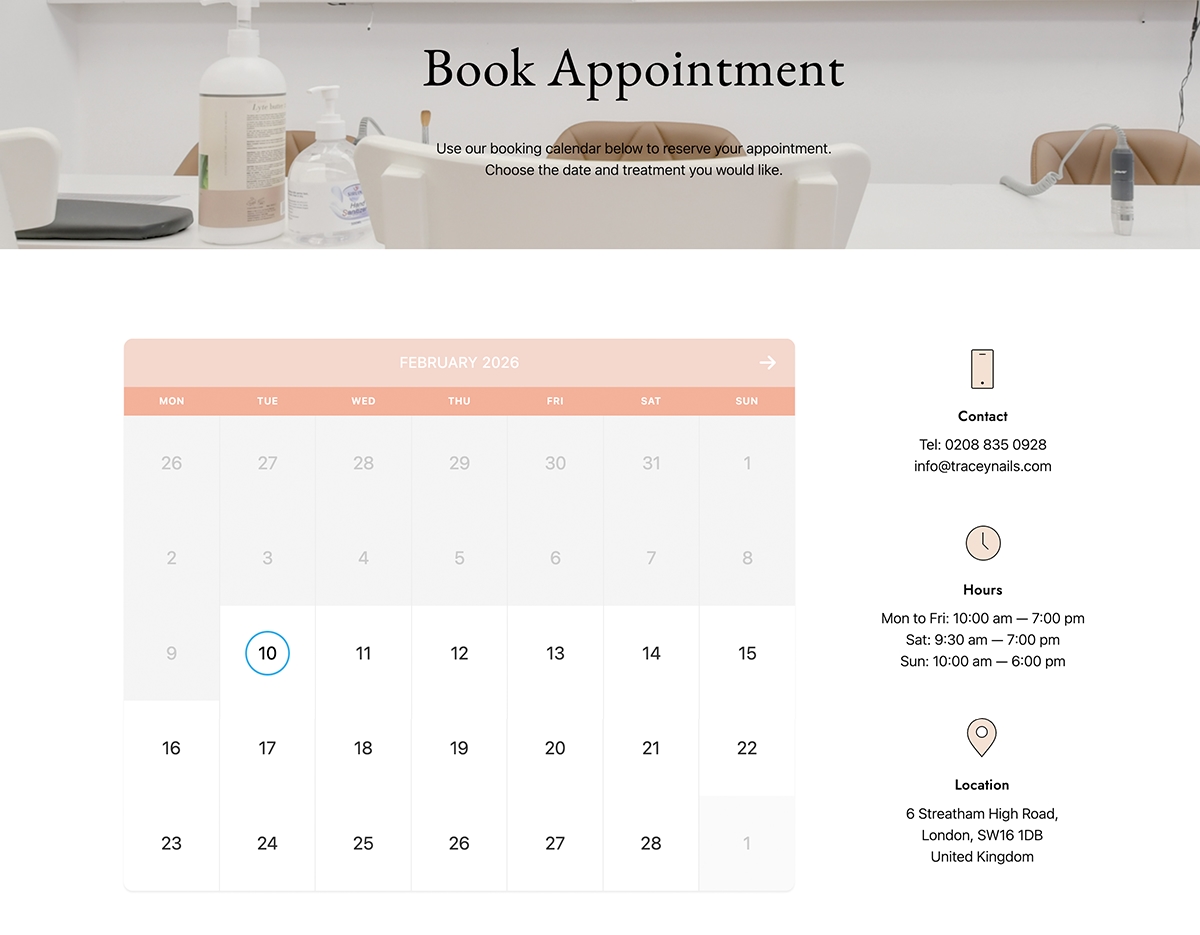 Image of Tracey Nails booking online calendar